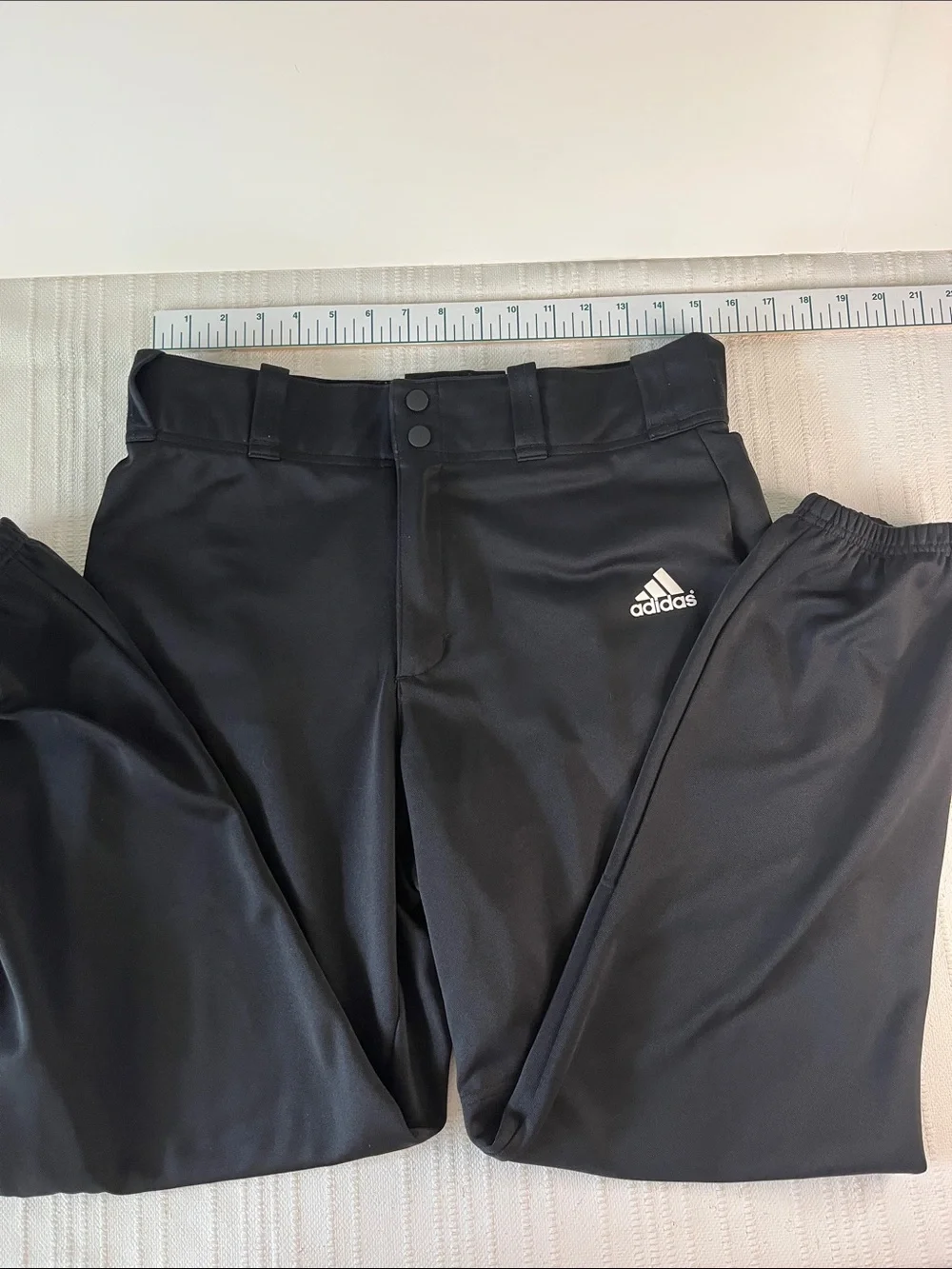 adidas MEN's black Baseball pants, front snap zipper fly, with white logo, sz M